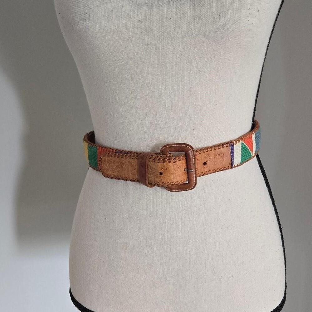 vintage 90s Leather belt with colorful pattern